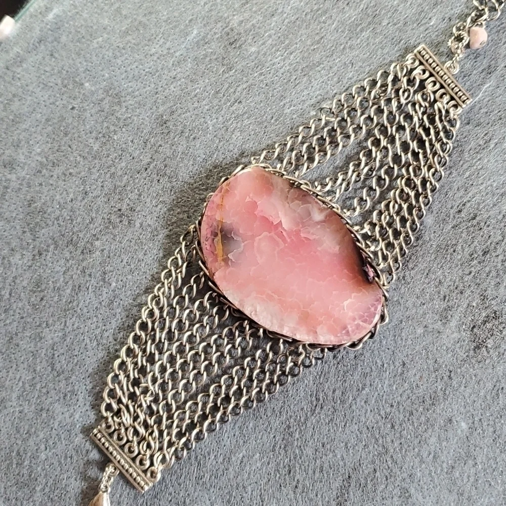 Rose Quartz Silver Stainless Steel Toggle Bracelet